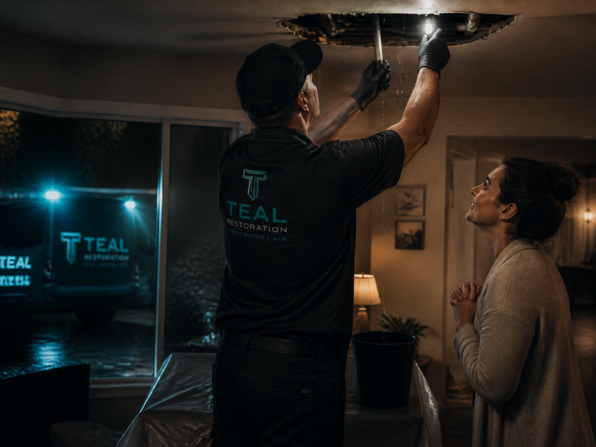 A pro promptly responding to a home emergency for a relieved homeowner