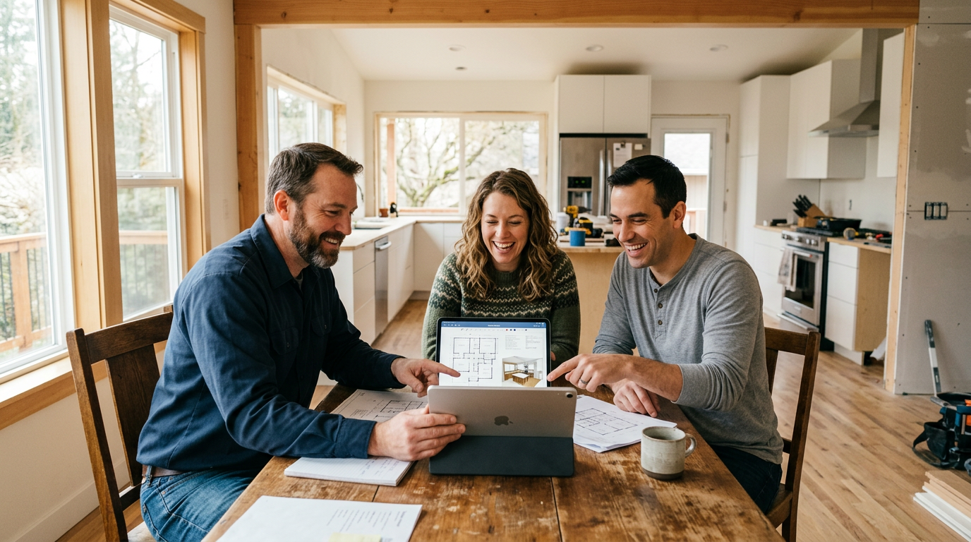A Presto contractor reviewing renovation plans with a happy homeowner couple