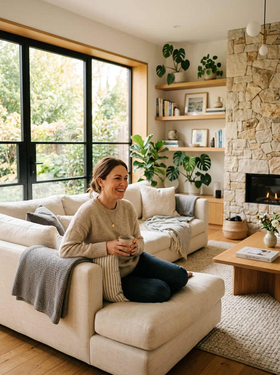 A happy, relaxed homeowner enjoying her beautifully finished living room